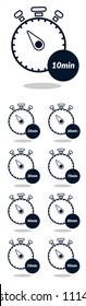 stopwatch and space for minutes. minutes in a circle. from 10 minutes to 90 minutes