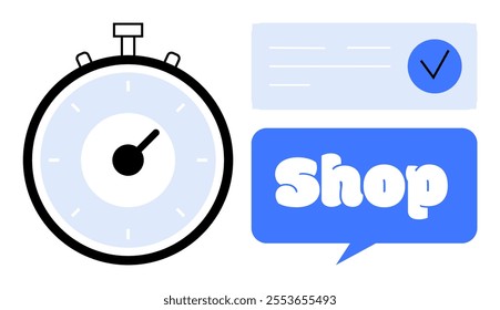 Stopwatch with a speech bubble containing the word Shop and a checkmark in a minimalist style. Ideal for online shopping, e-commerce, quick purchasing, fast delivery, and mobile apps. Simplistic