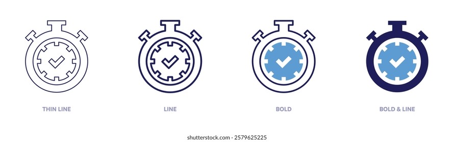 Stopwatch start icon in 4 different styles. Thin Line, Line, Bold, and Bold Line. Duotone style. Editable stroke.