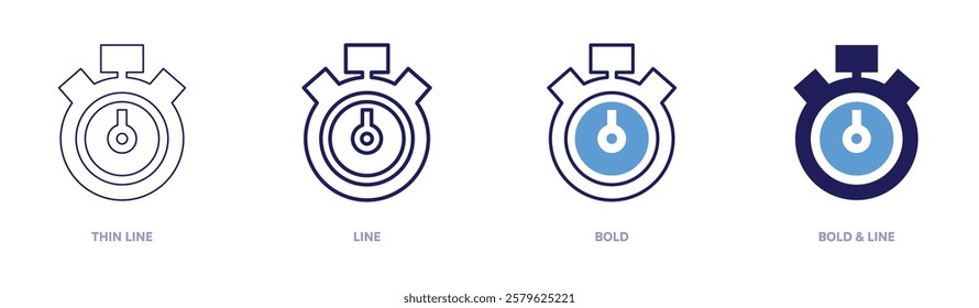 Stopwatch style icon in 4 different styles. Thin Line, Line, Bold, and Bold Line. Duotone style. Editable stroke.