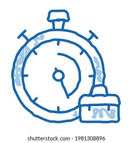 Vector de icono de esbozo de elementos ágiles de Stopwatch y Suitcase. Dibujo de la línea de doodle azul dibujado a mano ilustración de símbolo aislado