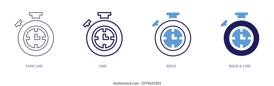 Stopwatch suppliers icon in 4 different styles. Thin Line, Line, Bold, and Bold Line. Duotone style. Editable stroke.