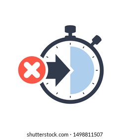 Stopwatch symbol with arrow. Launch, management, optimization, release concept icon with cancel sign, close, delete, remove symbol