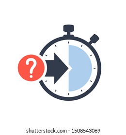 Stopwatch symbol with arrow. Launch, management, optimization, release concept icon with question mark, help, how to, info, query symbol