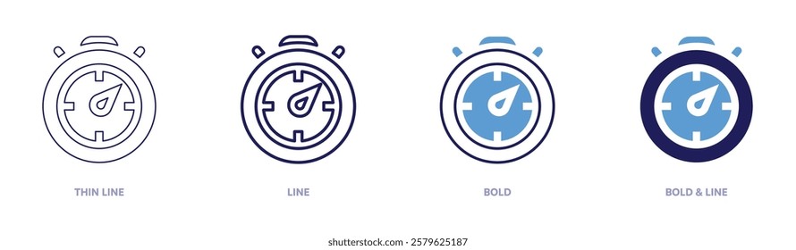 Stopwatch technology icon in 4 different styles. Thin Line, Line, Bold, and Bold Line. Duotone style. Editable stroke.