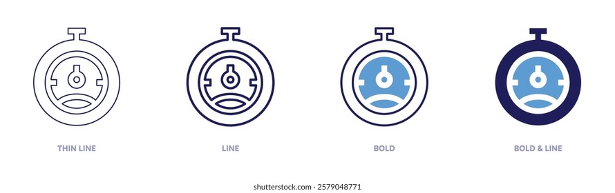 Stopwatch theme icon in 4 different styles. Thin Line, Line, Bold, and Bold Line. Duotone style. Editable stroke.