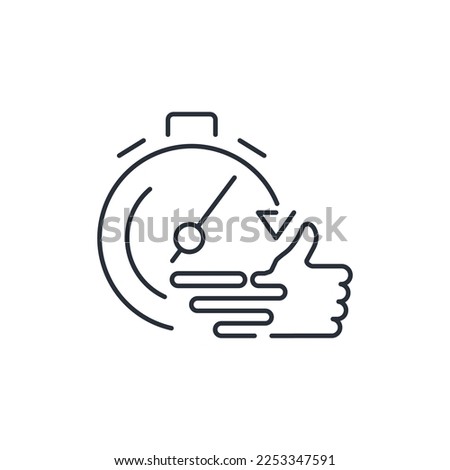 Stopwatch and thumbs up.Fast, successful execution, implementation.Vector linear icon isolated on white background