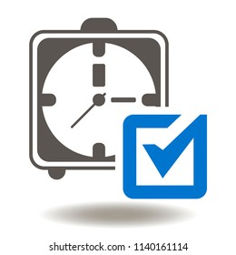 Stopwatch tick icon. Time management compliant illustration. Alarm clock square check mark logo. Timer ok compliance symbol.