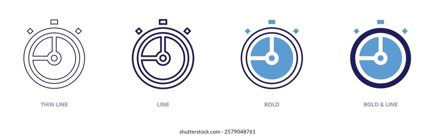 Stopwatch time icon in 4 different styles. Thin Line, Line, Bold, and Bold Line. Duotone style. Editable stroke.