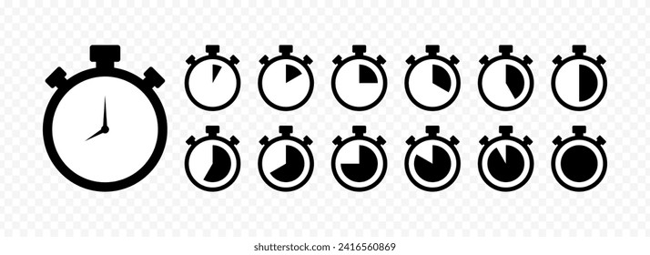 Stopwatch time icon set. Timer icons. Silhouette style. Vector icons