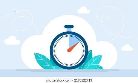 Stopwatch. Time management concept. Deadline, punctuality. Time control, planning. A blue stopwatch with a white dial and a red hand. Timer and punctuality, deadline. Vector illustration flat design.