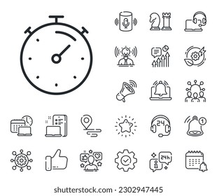 Stopwatch time sign. Place location, technology and smart speaker outline icons. Timer line icon. Countdown clock symbol. Timer line sign. Influencer, brand ambassador icon. Vector