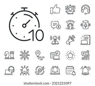 Stopwatch time sign. Place location, technology and smart speaker outline icons. Timer 10 minutes line icon. Countdown clock symbol. Timer line sign. Influencer, brand ambassador icon. Vector