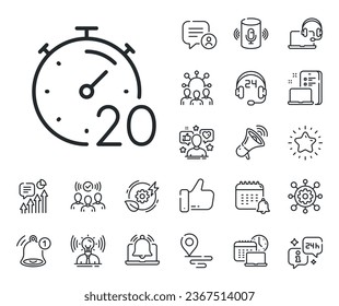 Señal de tiempo de Stopwatch. Coloque los iconos de la ubicación, la tecnología y el contorno del altavoz inteligente. Icono de línea de 20 minutos de temporizador. Símbolo de reloj de cuenta regresiva. Signo de línea de temporizador. Influenciador, icono del embajador de la marca. Vector