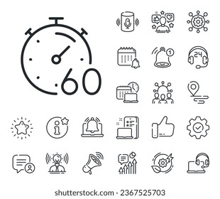 Stopwatch time sign. Place location, technology and smart speaker outline icons. Timer 60 minutes line icon. Countdown clock symbol. Timer line sign. Influencer, brand ambassador icon. Vector