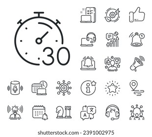 Stopwatch time sign. Place location, technology and smart speaker outline icons. Timer 30 minutes line icon. Countdown clock symbol. Timer line sign. Influencer, brand ambassador icon. Vector