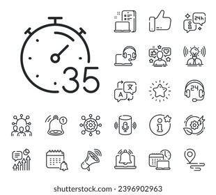 Stopwatch time sign. Place location, technology and smart speaker outline icons. Timer 35 minutes line icon. Countdown clock symbol. Timer line sign. Influencer, brand ambassador icon. Vector