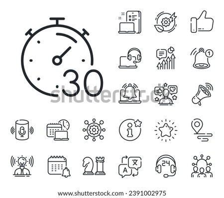 Stopwatch time sign. Place location, technology and smart speaker outline icons. Timer 30 minutes line icon. Countdown clock symbol. Timer line sign. Influencer, brand ambassador icon. Vector