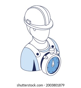 Stopwatch, timer, builder in hard hat. Vector 3d line isometric, color web icons, new flat style. Creative design idea and elements for infographics.