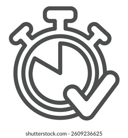 Stopwatch timer and checkmark line icon, project schedule concept. Vector graphics. Clock with task complete success sign on white background, outline style icon for mobile or web design