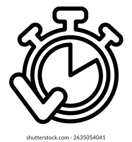 Stopwatch timer and checkmark line icon, project schedule concept. Vector graphics. Clock with task complete success sign on white background, style mobile or design