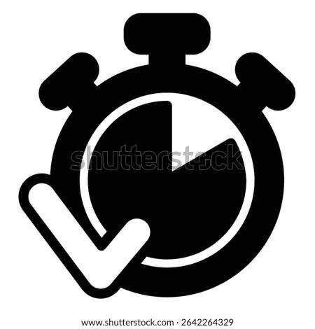Stopwatch timer and checkmark solid icon, project schedule concept. Vector graphics. Clock with task complete success sign on white background, style mobile or design