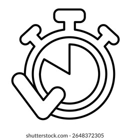 Temporizador de cronômetro e ícone de linha fina de marca de seleção, conceito de cronograma do projeto. Gráficos vetoriais. Relógio com tarefa completa sucesso sinal em fundo branco, estilo móvel ou design