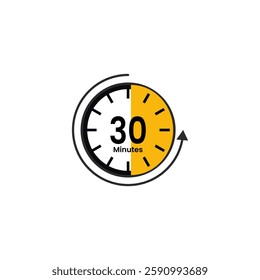  Stopwatch timer clock 30 minutes time countdown with arrow curving around the clock vector isolated 