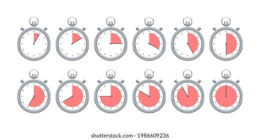 Stopwatch timer clock face with different hour segment set. Second period indicator with clock face showing time period in progress vector illustration isolated on white background