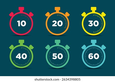 Temporizador de cronômetro. Contagem regressiva 10,20,30,40,50,60 minutos. Ícones de vetor