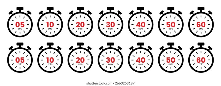 Tempo de contagem regressiva cronômetro cronômetro com 05, 10, 20, 30, 40, 50, 60 segundos e minuto tempo.
