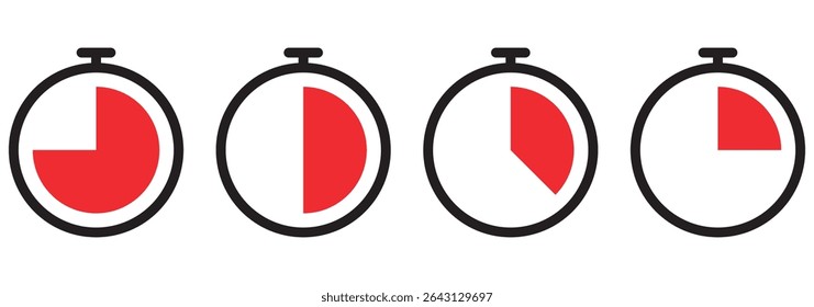 Stopwatch, timer or countdown clock icon set with 15 to 45 minutes in color. Timer set vector icon collection. 5 minutes timer set. Cooking time vector. Countdown timer symbol set.