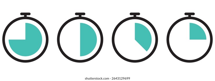 Stopwatch, timer or countdown clock icon set with 15 to 45 minutes in color. Timer set vector icon collection. 5 minutes timer set. Cooking time vector. Countdown timer symbol set.