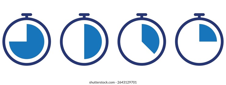 Stopwatch, timer or countdown clock icon set with 15 to 45 minutes in color. Timer set vector icon collection. 5 minutes timer set. Cooking time vector. Countdown timer symbol set.