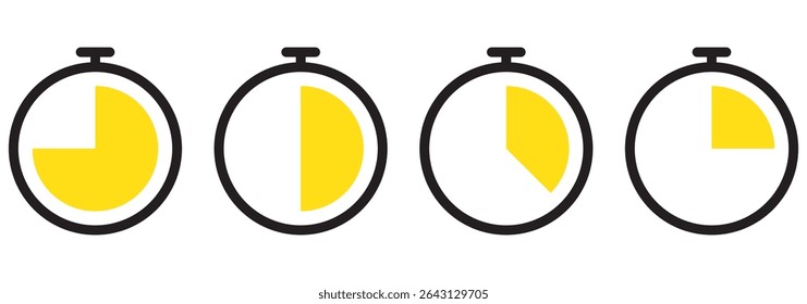 Stopwatch, timer or countdown clock icon set with 15 to 45 minutes in color. Timer set vector icon collection. 5 minutes timer set. Cooking time vector. Countdown timer symbol set.