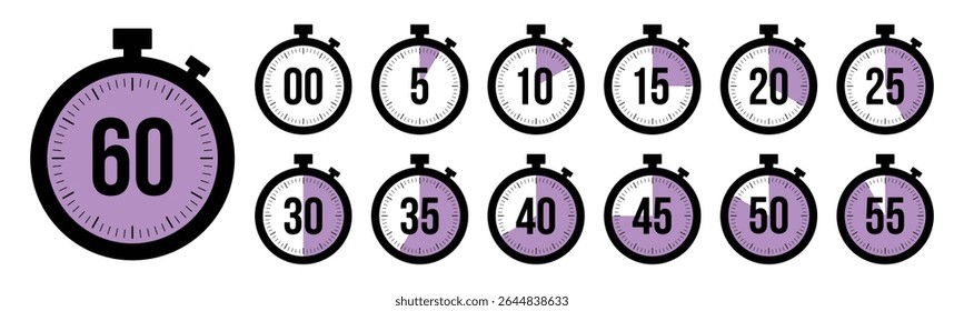 Stopwatch timer countdown clock icon set with 0 to 60 minutes in purple color. Perfect for timers, health, fitness, marketing and app Ui graphics. Stopwatch icons flat vector.