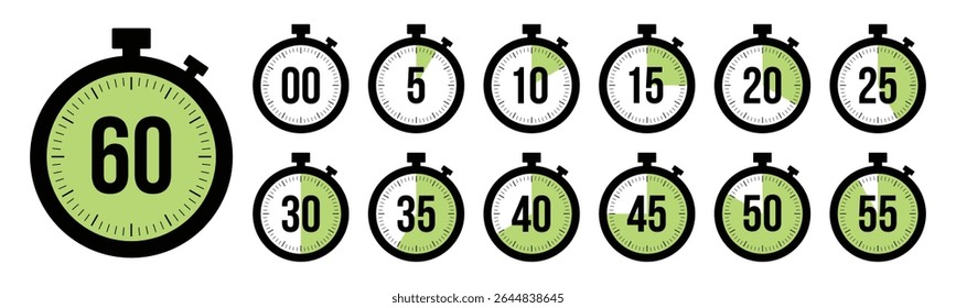 Stopwatch timer countdown clock icon set with 0 to 60 minutes in green color. Perfect for timers, health, fitness, marketing and app Ui graphics. Stopwatch icons flat vector.