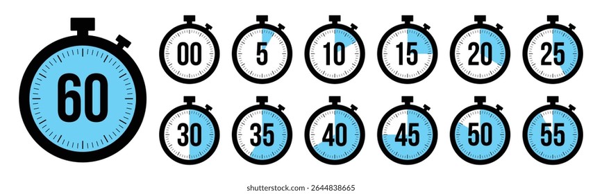 Stopwatch timer countdown clock icon set with 0 to 60 minutes in blue color. Perfect for timers, health, fitness, marketing and app Ui graphics. Stopwatch icons flat vector.