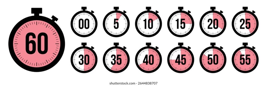 Stopwatch timer countdown clock icon set with 0 to 60 minutes in pink color. Perfect for timers, health, fitness, marketing and app Ui graphics. Stopwatch icons flat vector.