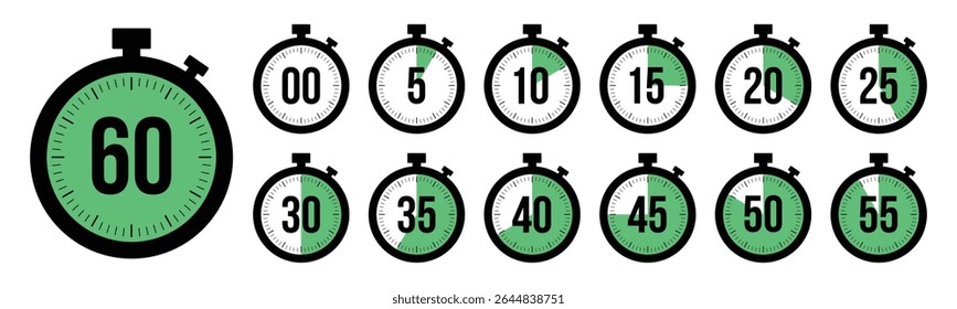 Stopwatch timer countdown clock icon set with 0 to 60 minutes vector illustration. Perfect for timers, health, fitness, marketing and app Ui graphics. Stopwatch icons flat vector.
