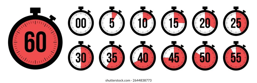 Stopwatch timer countdown clock icon set with 0 to 60 minutes in red color. Perfect for timers, health, fitness, marketing and app Ui graphics. Stopwatch icons flat vector.
