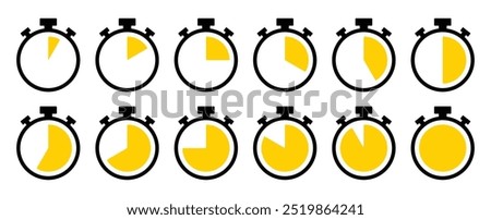 Stopwatch, timer or countdown clock icon set with 5 to 60 minutes in yellow color. Timer set vector icon collection. 5 minutes timer set. Cooking time vector. Countdown timer symbol set.