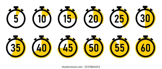 Relógio de contagem regressiva cronômetro cronômetro definido com 5 a 60 minutos na cor amarela no fundo branco. Coleção de ícones de vetor do conjunto de temporizadores. Temporizador de 5 minutos definido. Vetor de tempo de cozimento. Conjunto de símbolos de timer de contagem regressiva.