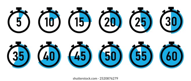 Cronómetro temporizador reloj de cuenta regresiva establecido con 5 a 60 minutos en color azul sobre fondo blanco. Colección de icono de Vector de conjunto de temporizador. 5 minutos de temporizador. Vector de tiempo de cocción. Conjunto de símbolos de temporizador de cuenta atrás.