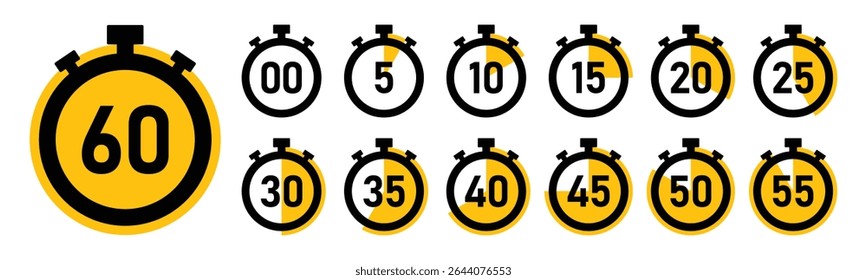 Stopwatch timer countdown clock set with 0 to 60 minutes in yellow color vector illustration. Best for timers, countdown, health fitness, marketing and app Ui graphics. Stopwatch icons flat vector.