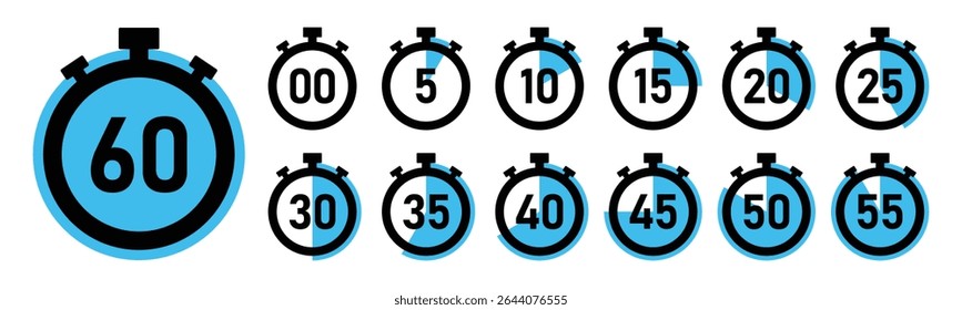 Stopwatch timer countdown clock set with 0 to 60 minutes in cyan color vector illustration. Best for timers, countdown, health fitness, marketing and app Ui graphics. Stopwatch icons flat vector.
