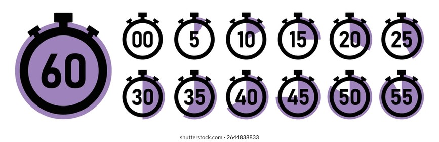 Stopwatch timer countdown clock set with 0 to 60 minutes in purple color vector illustration. Best for timers, countdown, health fitness, marketing and app Ui graphics. Stopwatch icons flat vector.