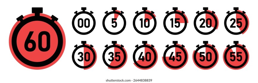 Stopwatch timer countdown clock set with 0 to 60 minutes in red color vector illustration. Best for timers, countdown, health fitness, marketing and app Ui graphics. Stopwatch icons flat vector.
