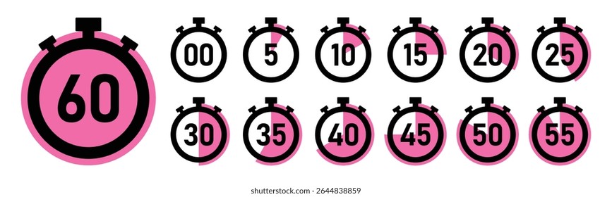 Stopwatch timer countdown clock set with 0 to 60 minutes in pink color vector illustration. Best for timers, countdown, health fitness, marketing and app Ui graphics. Stopwatch icons flat vector.