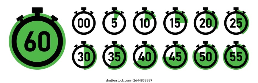 Stopwatch timer countdown clock set with 0 to 60 minutes in green color vector illustration. Best for timers, countdown, health fitness, marketing and app Ui graphics. Stopwatch icons flat vector.